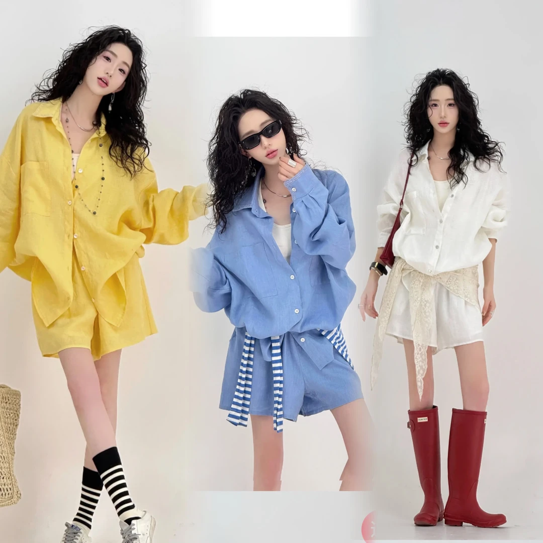 2025海盐假日休闲风100％亚麻拼接花边领衬衫百搭休闲短裤套装