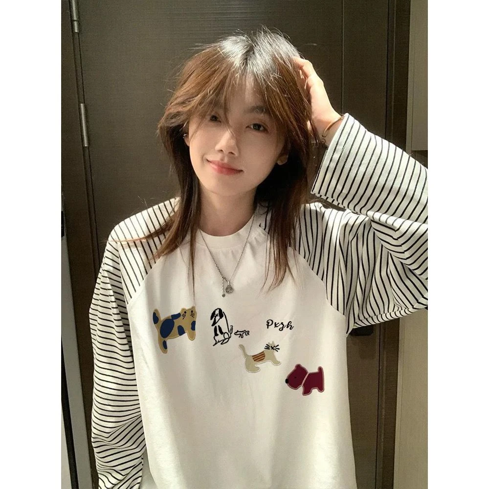 100%纯棉韩版ins风撞色条纹长袖t恤女春秋季宽松休闲慵懒风上衣服