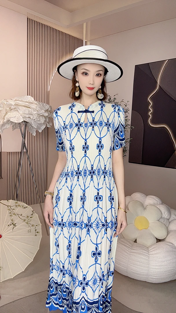 063号夏季新款中长款连衣裙2025年夏季新款女装复古时旗袍领