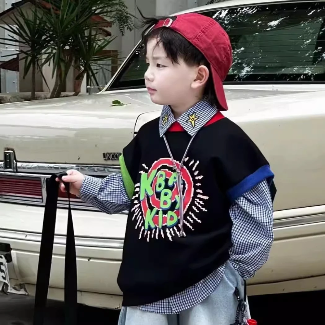 男童秋季潮酷套装2025新款儿童衬衫马甲卡通涂鸦笑脸牛仔裤三件套