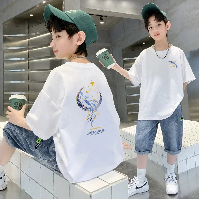 纯棉潮流夏季新款短袖T恤印花男童圆领半袖T恤韩版时尚休闲风
