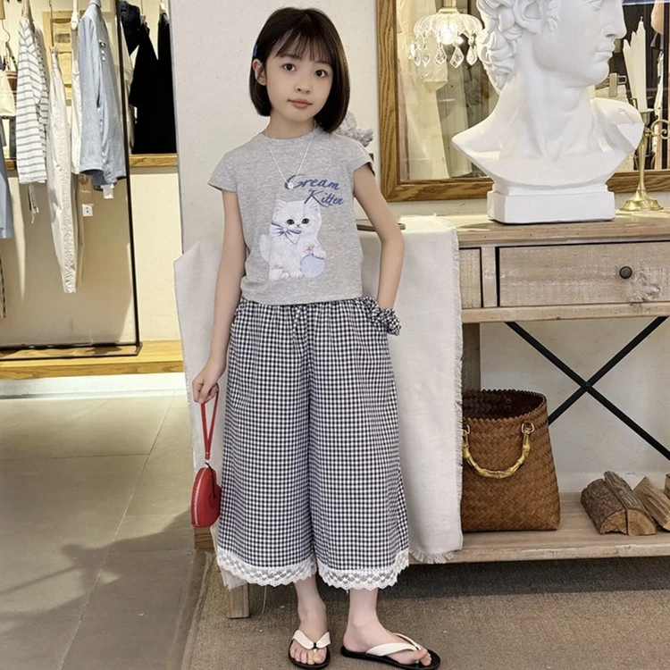 【丫丫童装】2025夏季新款中大女童猫咪印花套装休闲韩版-L215