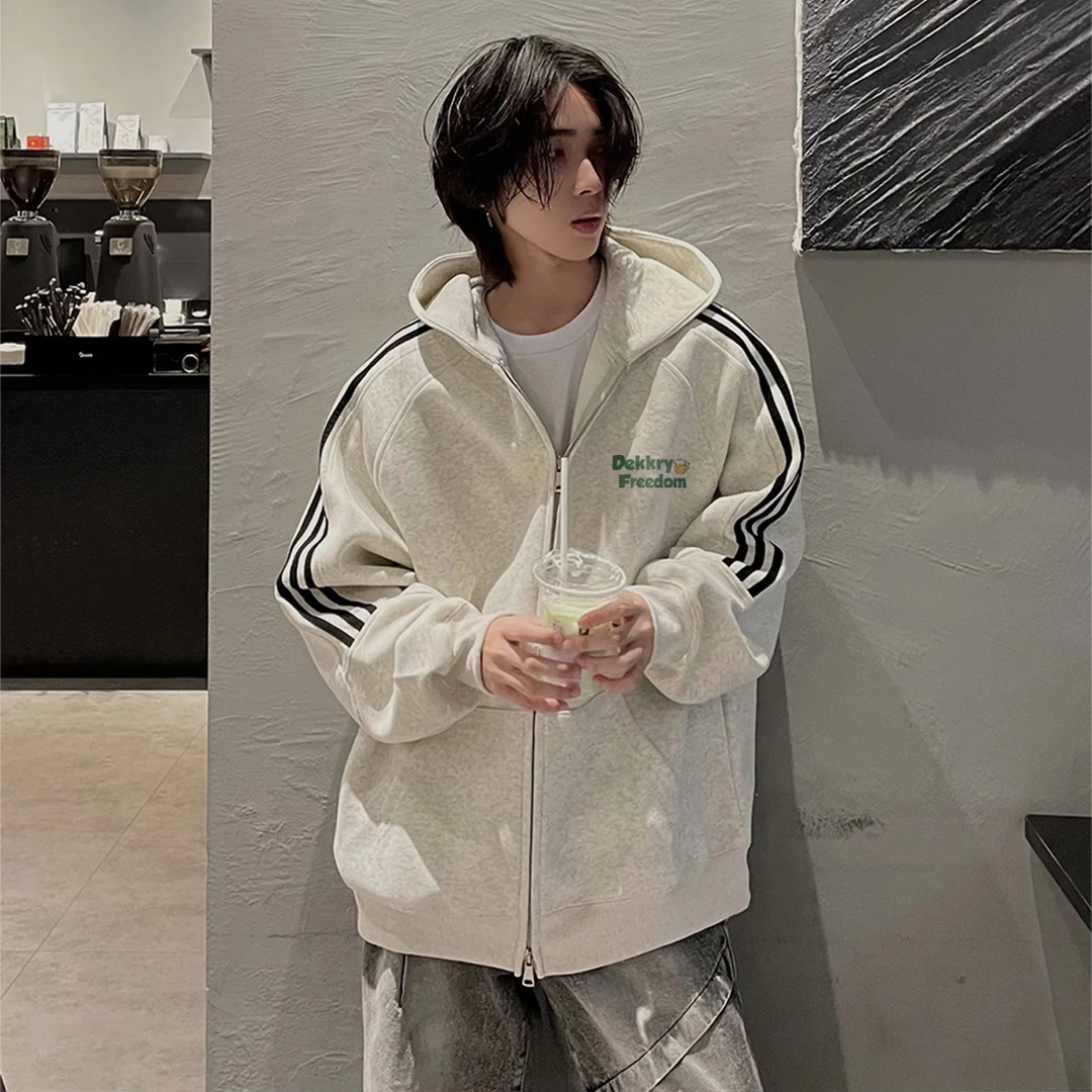 创意简约字母印花开衫连帽卫衣男女秋冬三条杠宽松潮牌拉链外套