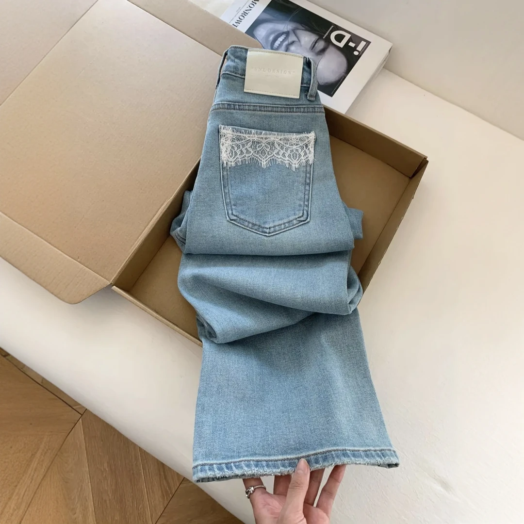 浅蓝色高腰阔腿牛仔裤女秋季款梨型身材宽松百搭窄版直筒拖地长裤