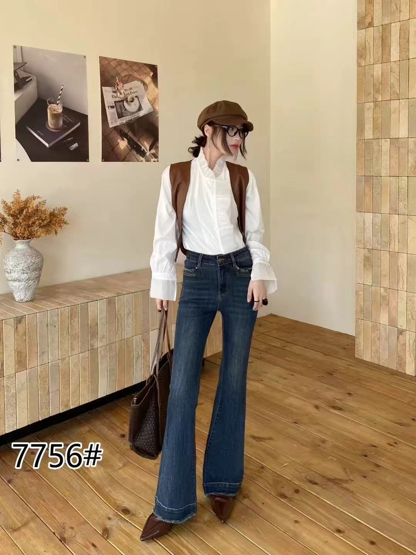 【钰姐精选】7756-韩版高腰牛仔裤弹力辣妹风长裤喇叭裤做旧