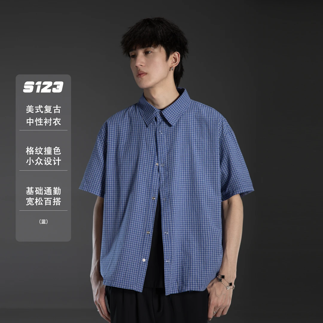 S123 日系复古蓝格子衬衫短袖男女夏季高街痞帅宽松衬衣外套潮
