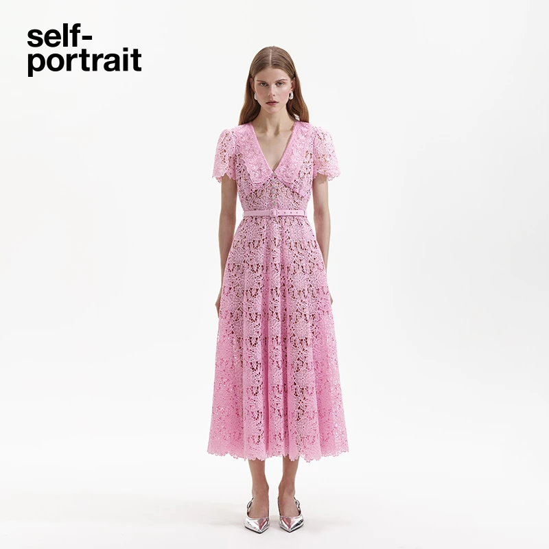 self-portrait春夏甜美粉红翻领甜美收腰蕾丝连衣裙中长裙