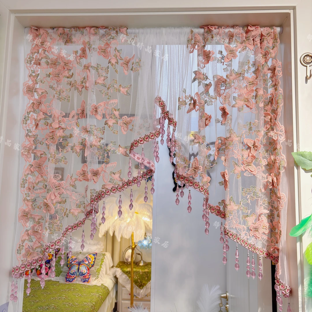 轻奢粉色高定流苏边碎免打孔安装隔断门帘纱帘布艺卧室