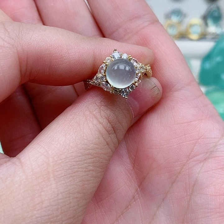 蛇纹石玉戒指银S925镶嵌云*