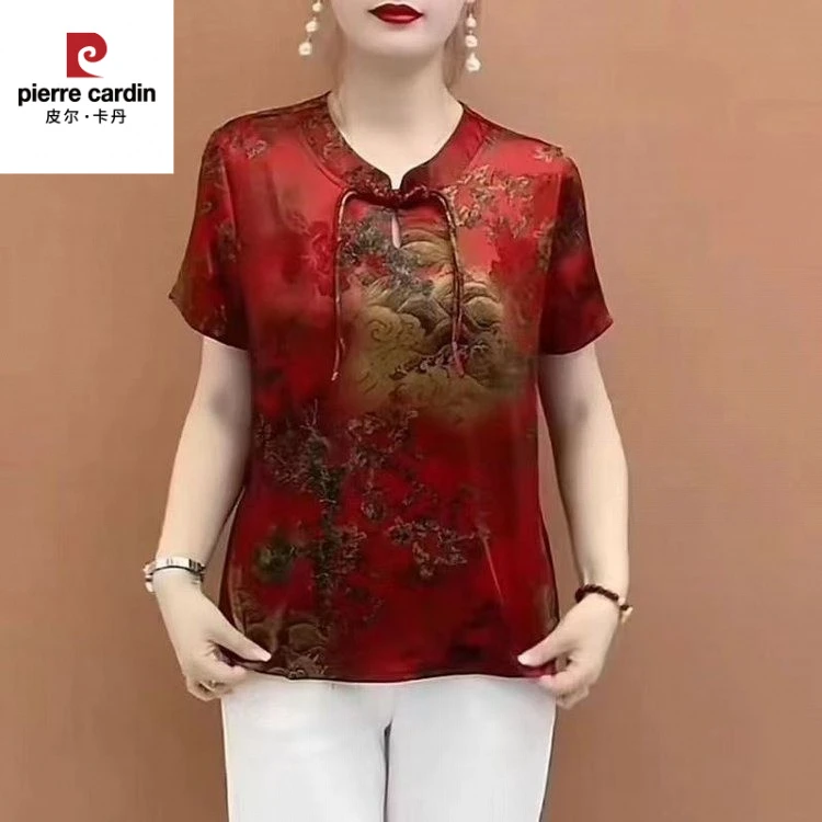 皮尔卡丹中老年女装夏装复古短袖上衣百搭大码奶奶装洋气妈妈薄款