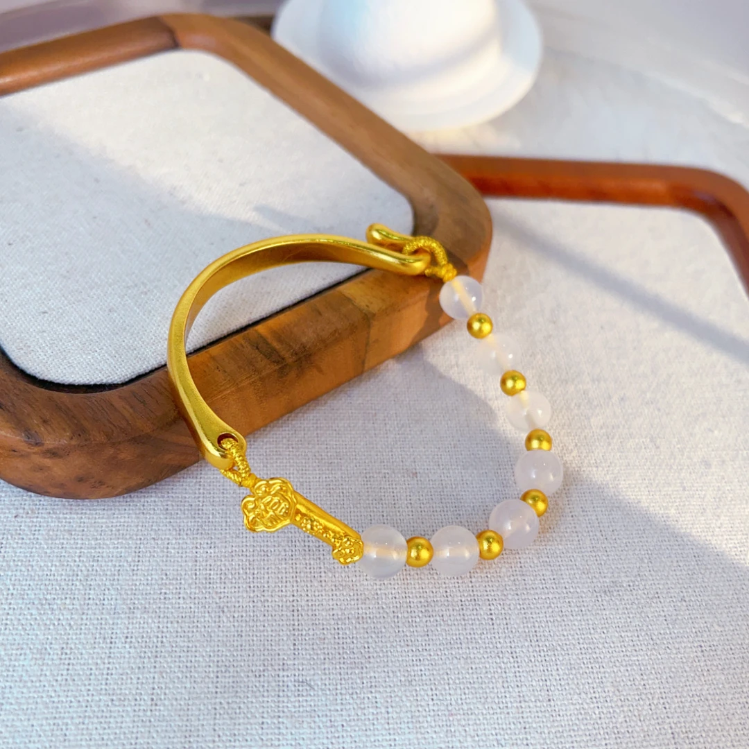 铜合金手镯 新中式如意半边镯古法时尚手链女金色如意半镯手串