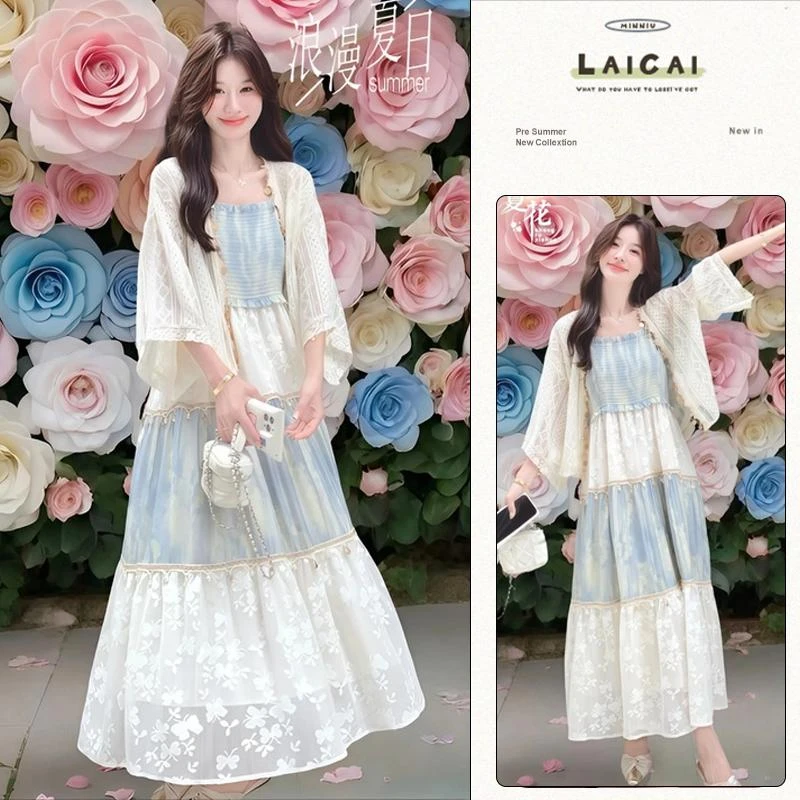 夏日度假防晒钩花亮片漂亮小衫温柔风显瘦高腰拼接吊带连衣裙套装