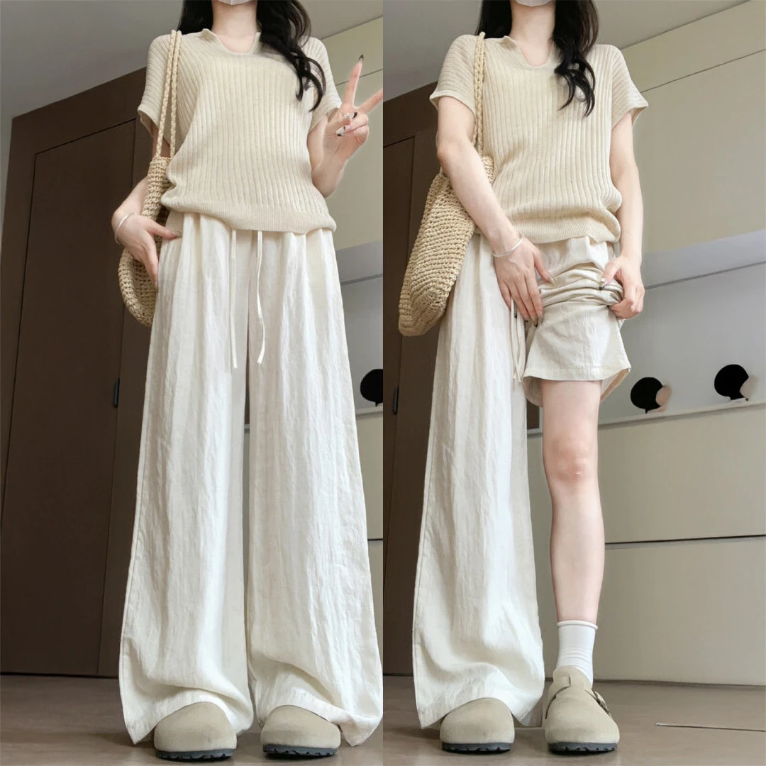 天丝亚麻休闲裤女秋新款胖妹妹mm高腰宽松显瘦小个子松弛感阔腿裤