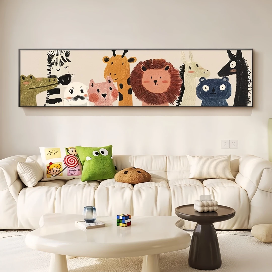 奶油风多巴胺客厅装饰画卡通儿童房壁画高级感沙发背景墙挂画横版