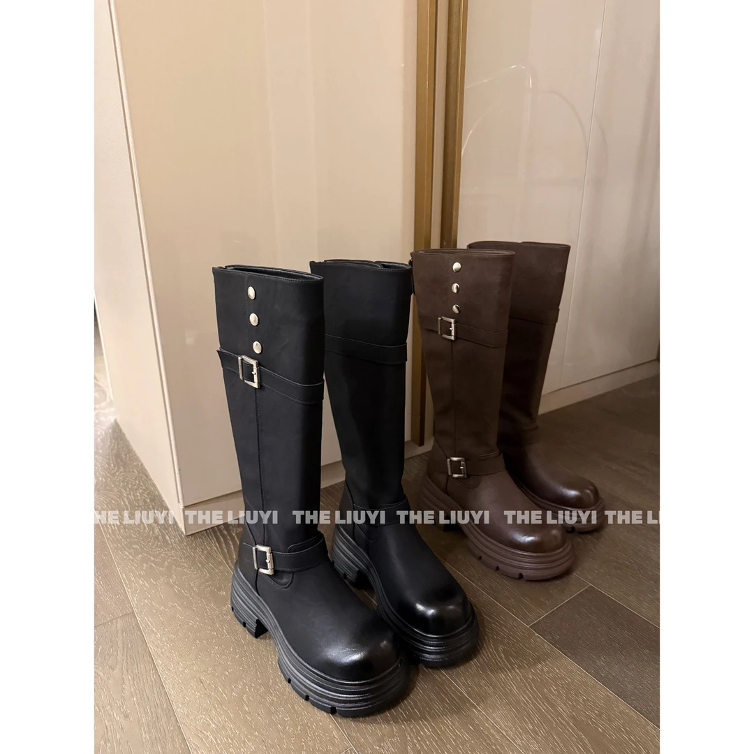 【LIUYI】复古皮带扣真皮厚底百搭长筒靴2873