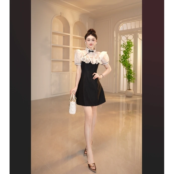 【显瘦定制】短裙高腰一字领拼接连衣裙显瘦泡泡袖失序混搭风15441