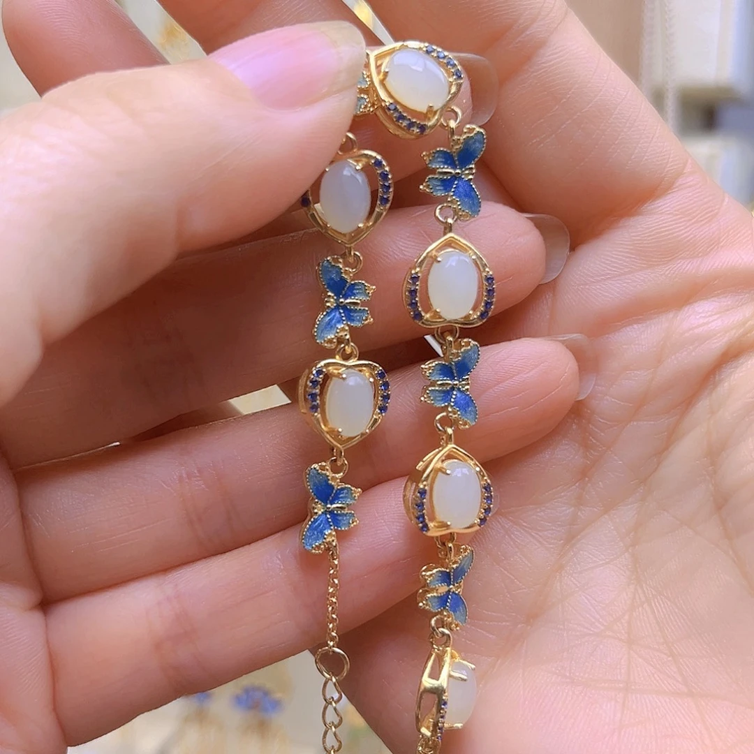 和田玉银S925镀金镶嵌手链