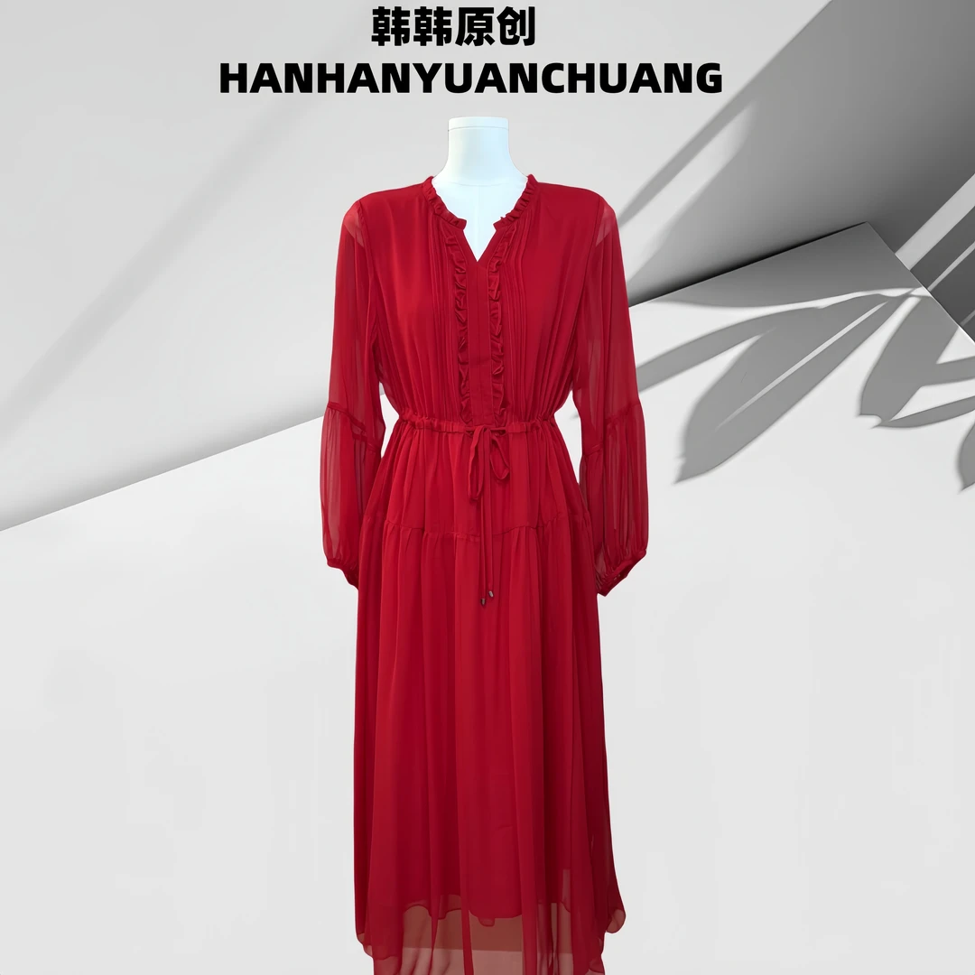 2025【中国红】高定桑蚕丝双层连衣裙#1226#120
