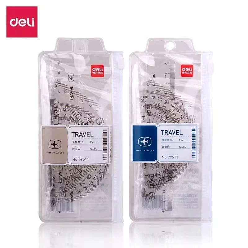Deli/得力透明套尺三角尺直尺量角器学生绘图答题适用15cm
