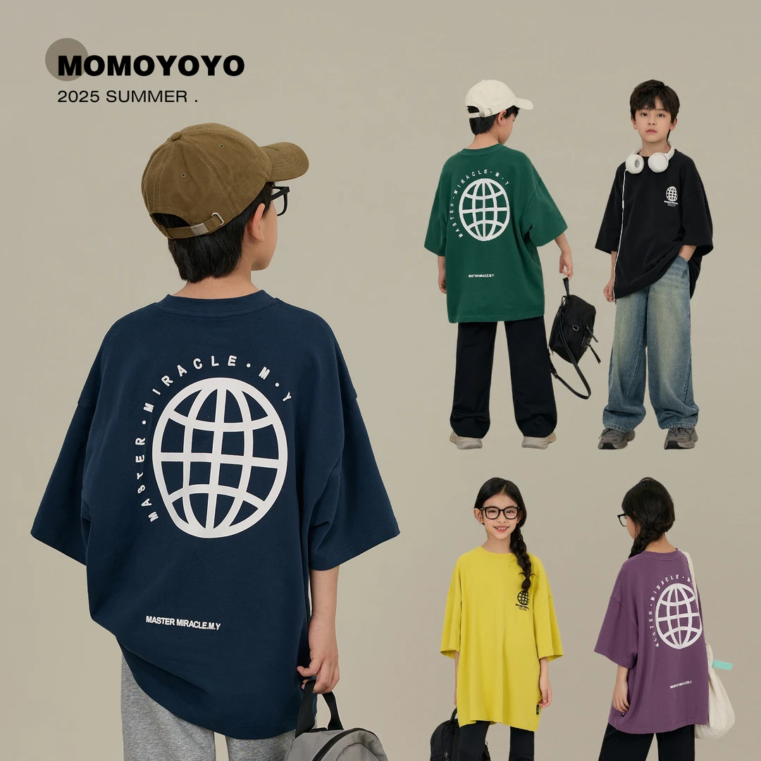 辰辰妈【彩色地球】洋气撞色地球印花宽松显瘦亲子宽松短袖T恤7617D