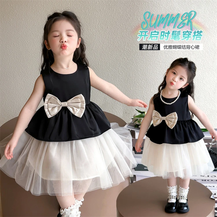 女小童夏季黑天鹅纱裙2025新款小女孩优雅蝴蝶结背心裙甜美连衣裙