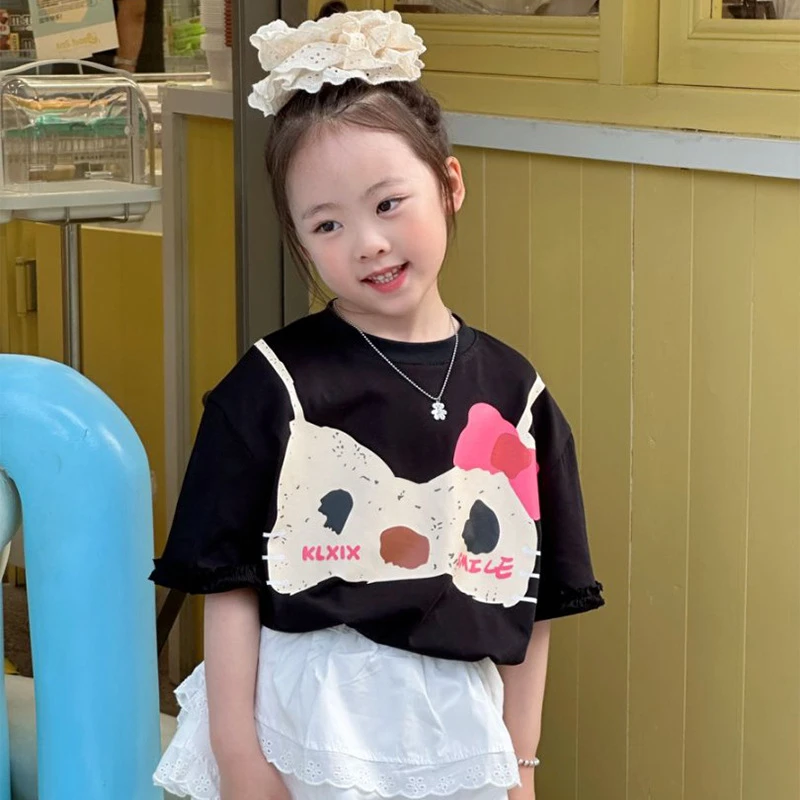 【安安家】女童韩版夏季设计感印花短袖T恤花边蛋糕裙两件套R25306