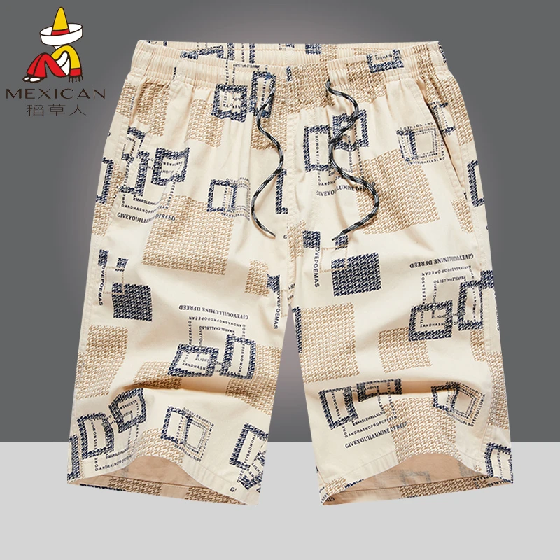 稻草人纯棉男士五分短裤夏季薄款印花休闲运动沙滩裤大码宽松中裤