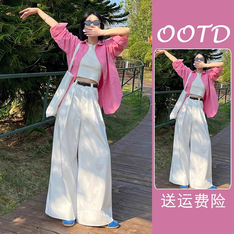 2026春秋新款温柔慵懒风休闲舒适高级感粉色上衣白色阔腿裤套装女