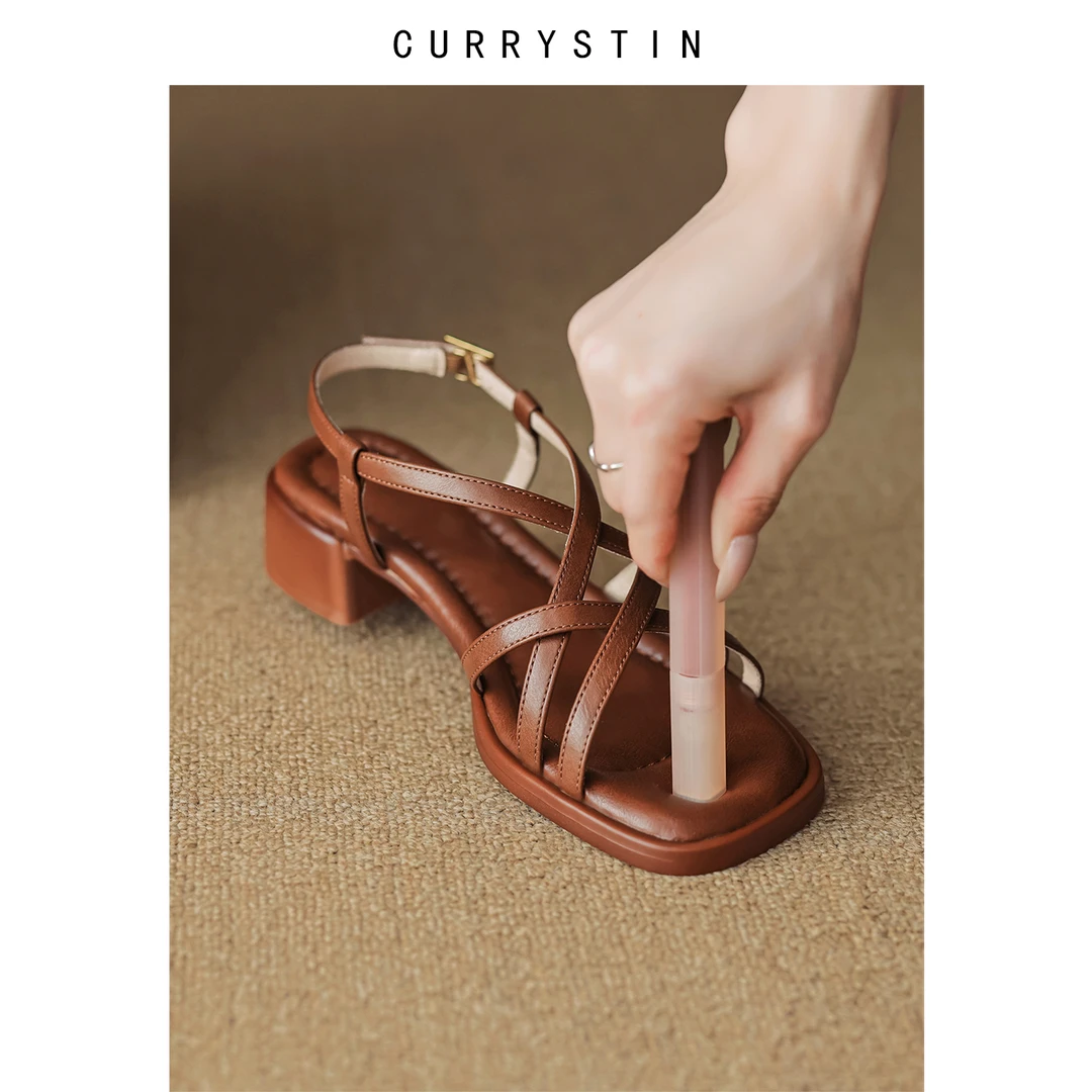 中跟百搭方头高跟凉鞋时装凉鞋软底女细带小众交叉设计大码女鞋夏