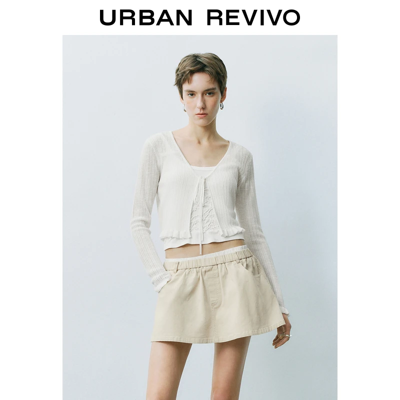 UR2025春季新品女装欧若风休闲V领系带超短款针织开衫UYY950022