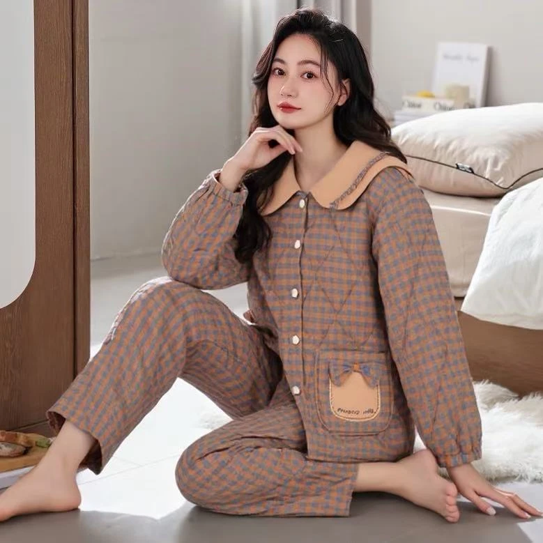 三层加厚保暖加绒夹棉袄长袖睡衣女翻领开衫家居服套装可外穿冬季