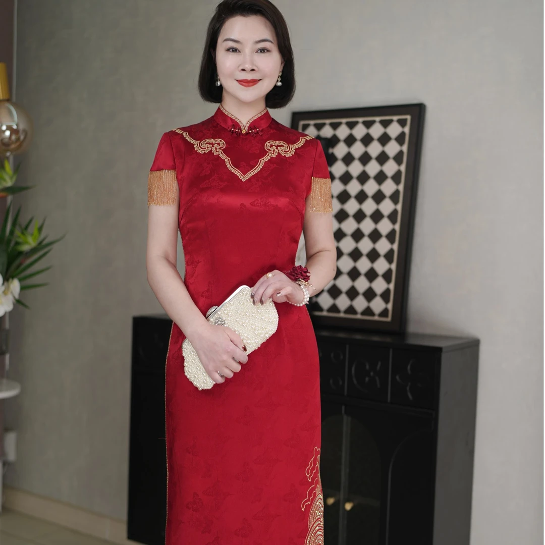 醋酸绣花喜妈妈婚宴装高贵气质优雅洋气年轻喜婆婆婚礼旗袍9059