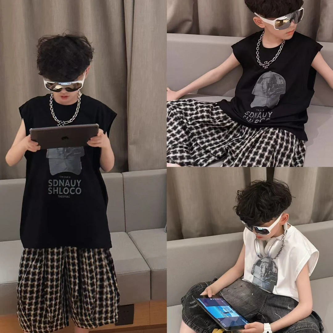 【蜡小新】【帽子背心】儿童夏季宽松韩版坎肩背心，模特穿150，