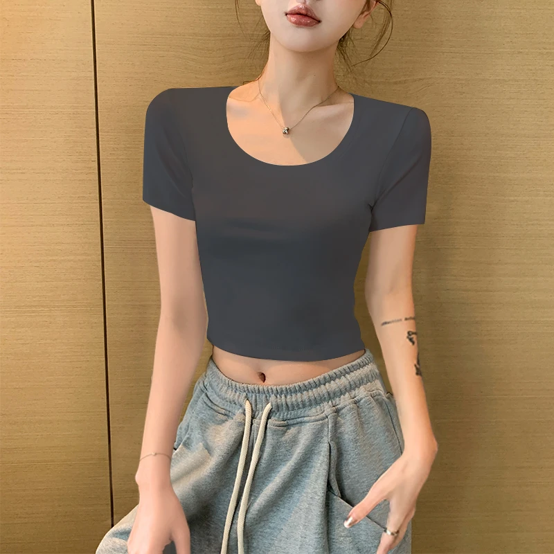 烟灰色圆领螺纹露脐短袖t恤女夏新款正肩小众设计感上衣TJ0008