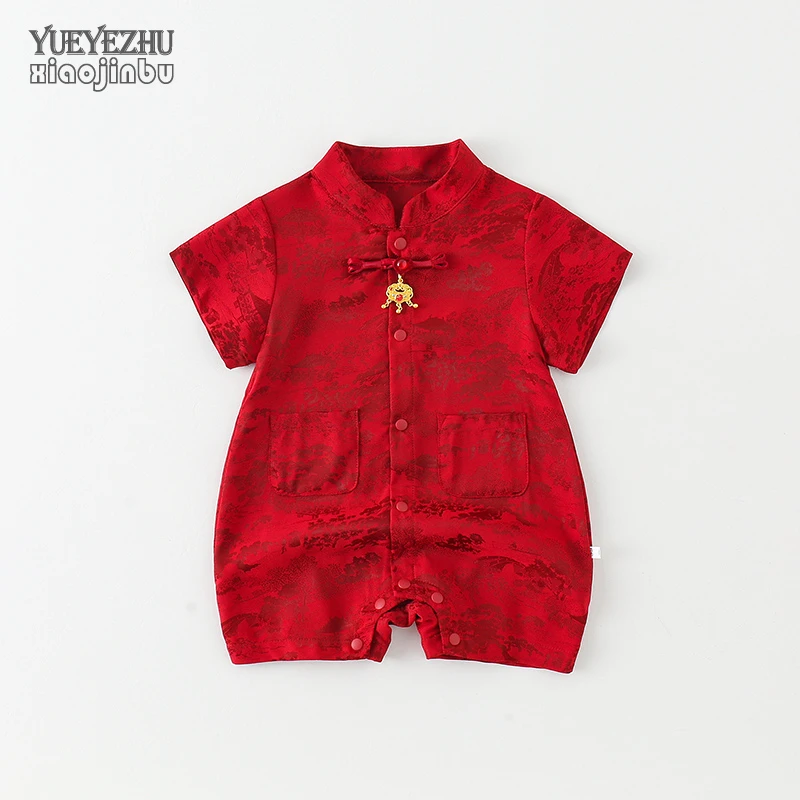 满月婴儿衣服夏季薄款女宝宝红色连体衣夏装喜庆国风哈衣百天周岁