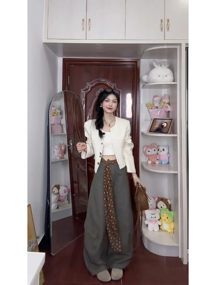 2025新款秋季韩系小香风外套上衣百搭阔腿裤气质两件套装显瘦时尚