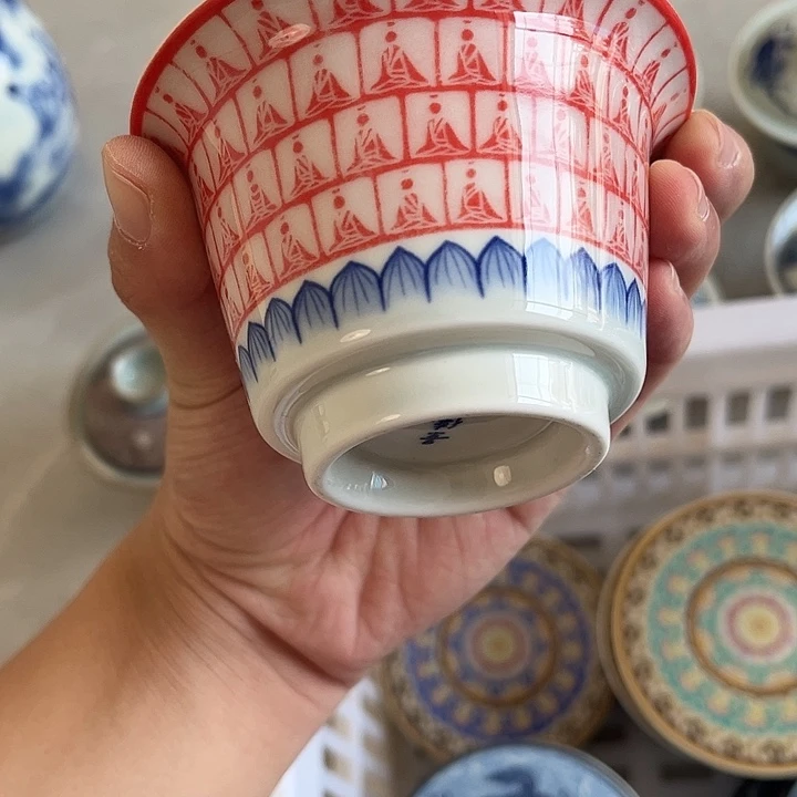 摆件景德镇千佛千面两才马蹄盖碗微瑕
