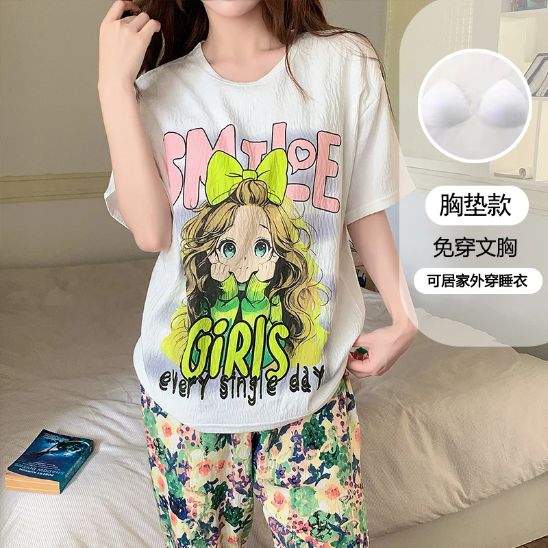 带胸垫卡通短袖长裤可外出睡衣女夏季休闲简约睡衣家居服套装304