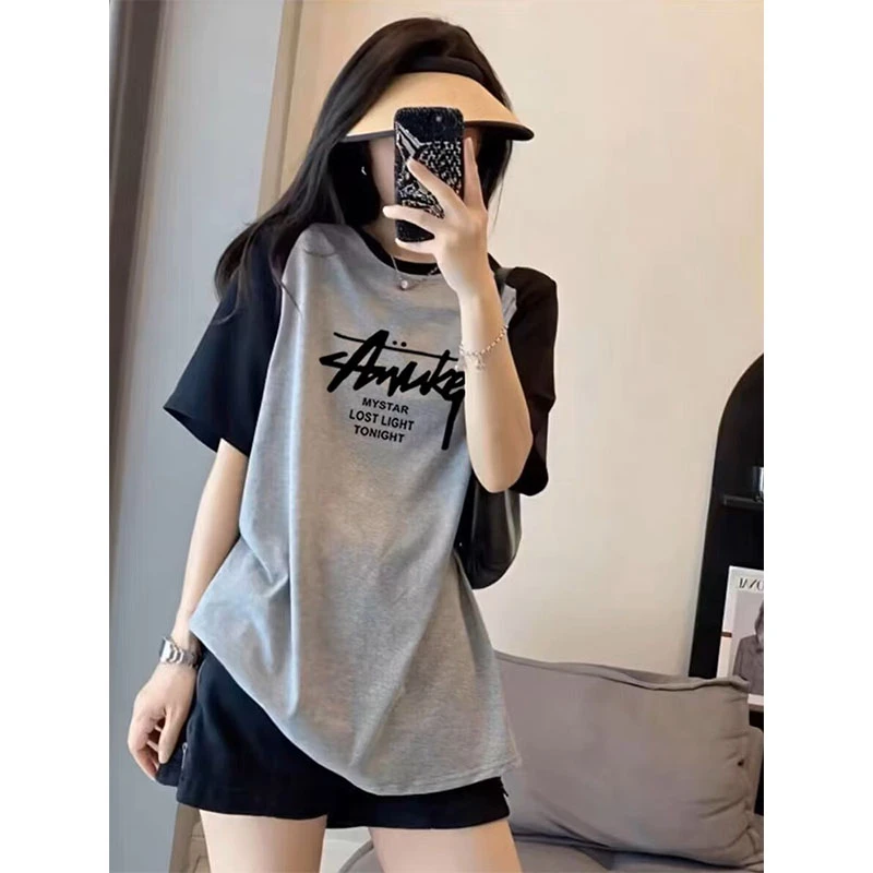 撞色短袖t恤女中长款韩版宽松休闲显瘦圆领2025春夏秋季新款上衣