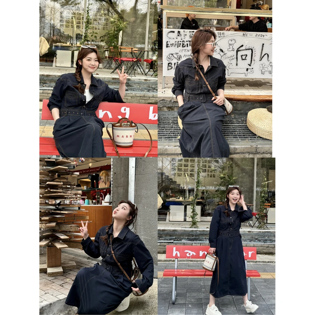 【弗恩日记】韩系水洗翻领明线仿工装牛仔料连衣裙（带腰带）气质