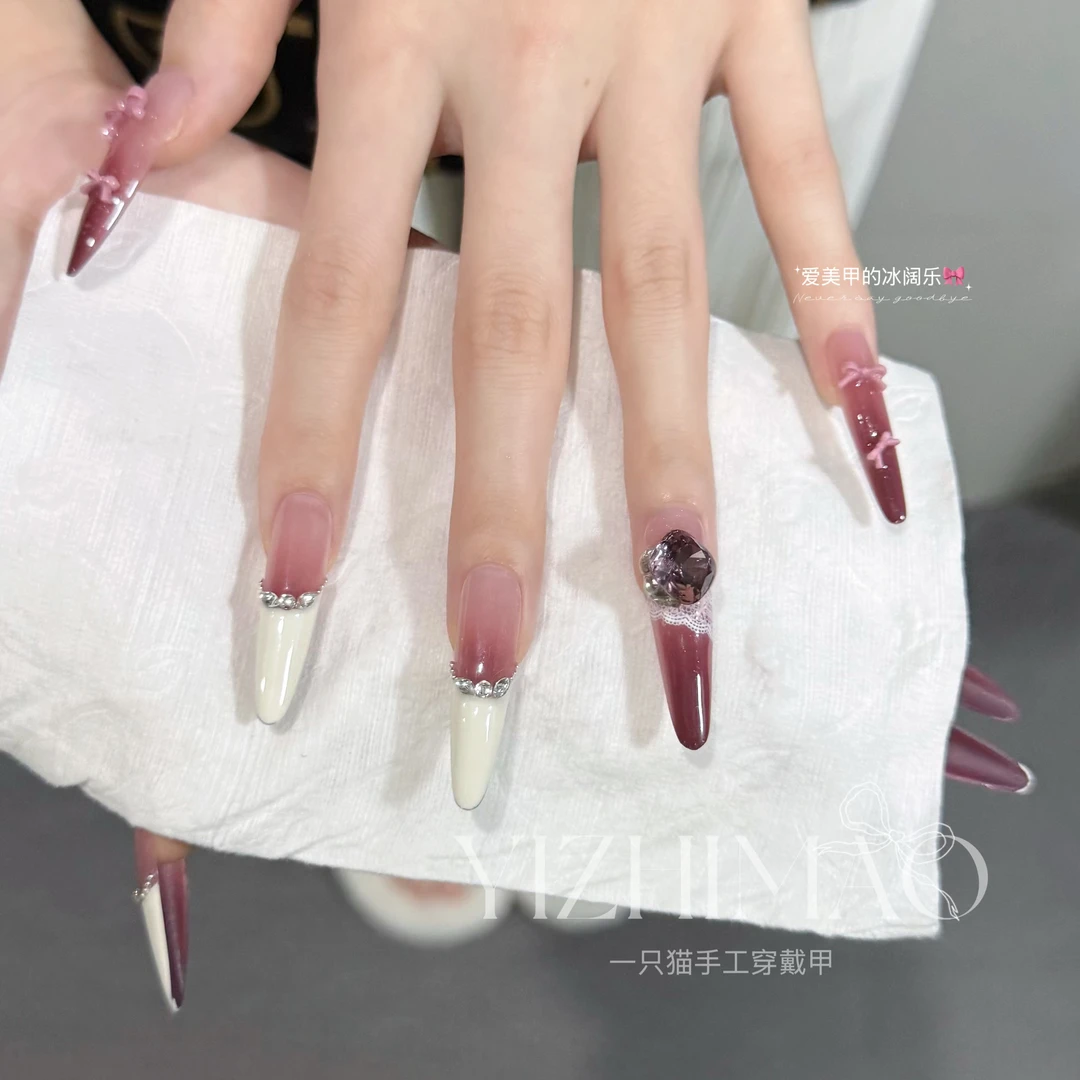 【葡萄冻】千金芭蕾风法式蕾丝渐变浆果红碎钻美甲片手工穿戴甲