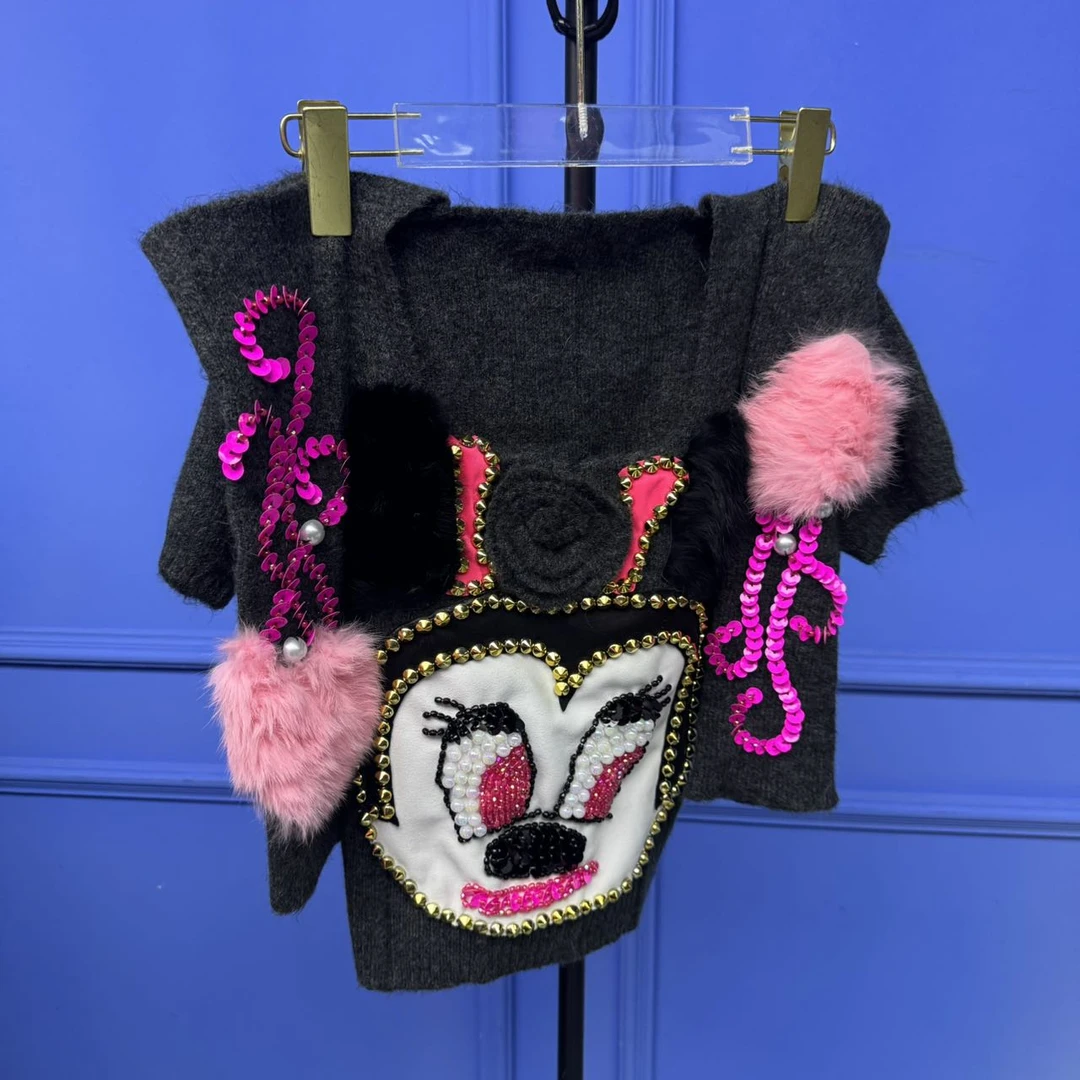 A81073 设计师连卡佛手工闪钻时尚女性气减龄带袖套毛衣