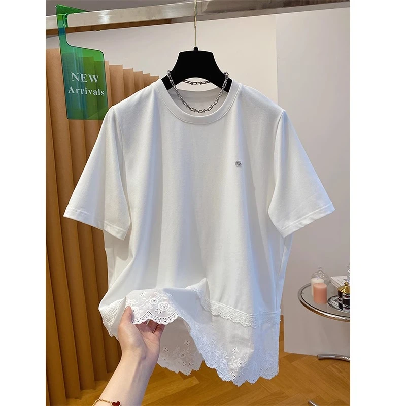 240斤大码韩系超好看蕾丝下摆T恤上衣女夏季胖mm宽松显瘦百搭短袖