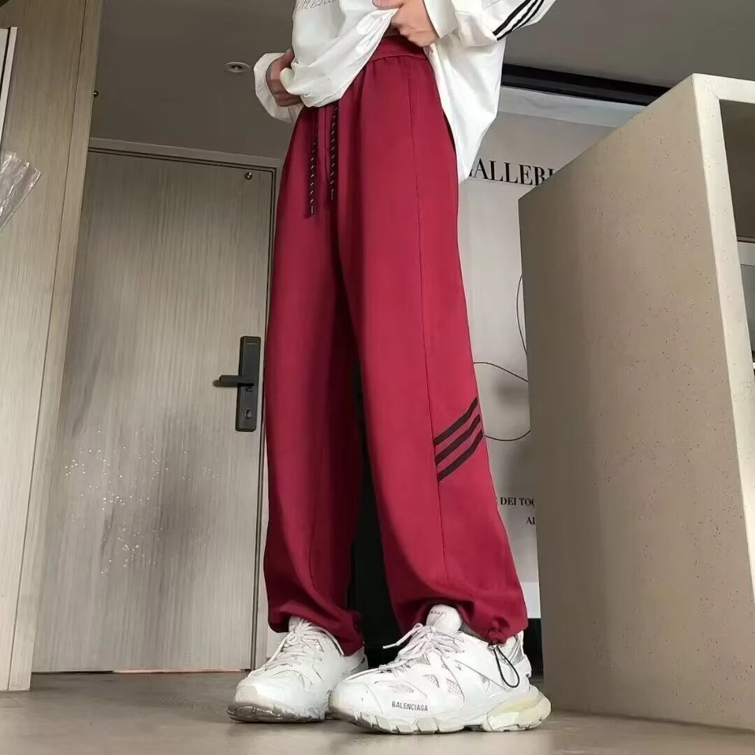 夏季宽松拼接潮纯色条纹休闲裤ins潮流