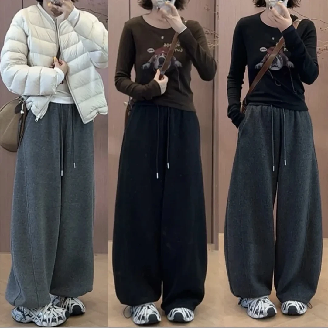 秋冬毛呢阔腿弯刀裤香蕉裤高腰慵懒感宽松加绒加厚百搭显瘦3866-1