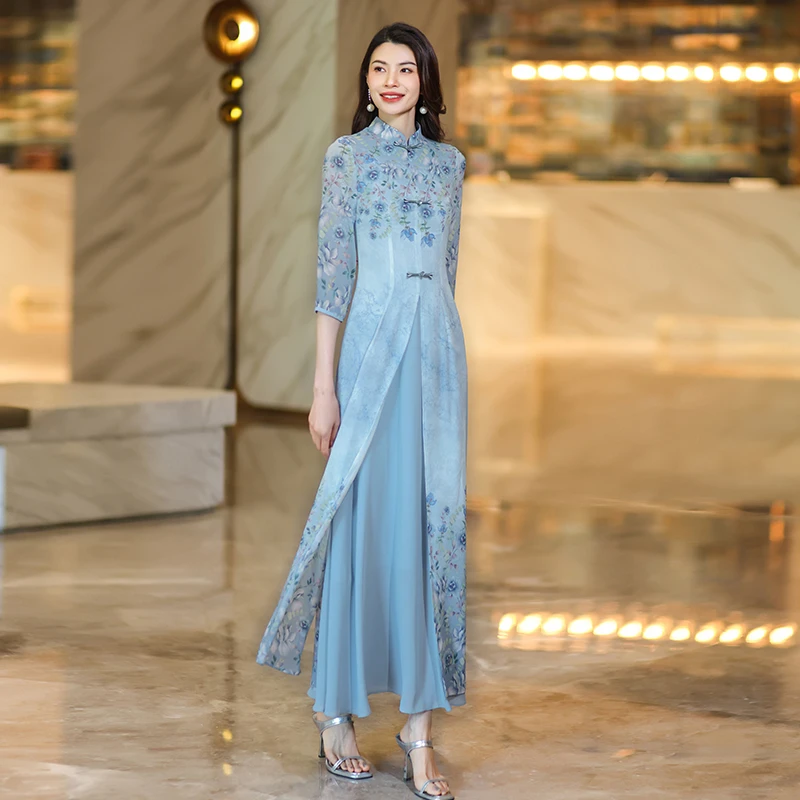 新中式国风连衣裙2025新款轻奢高级感气质显瘦连身裙女夏碎花长裙