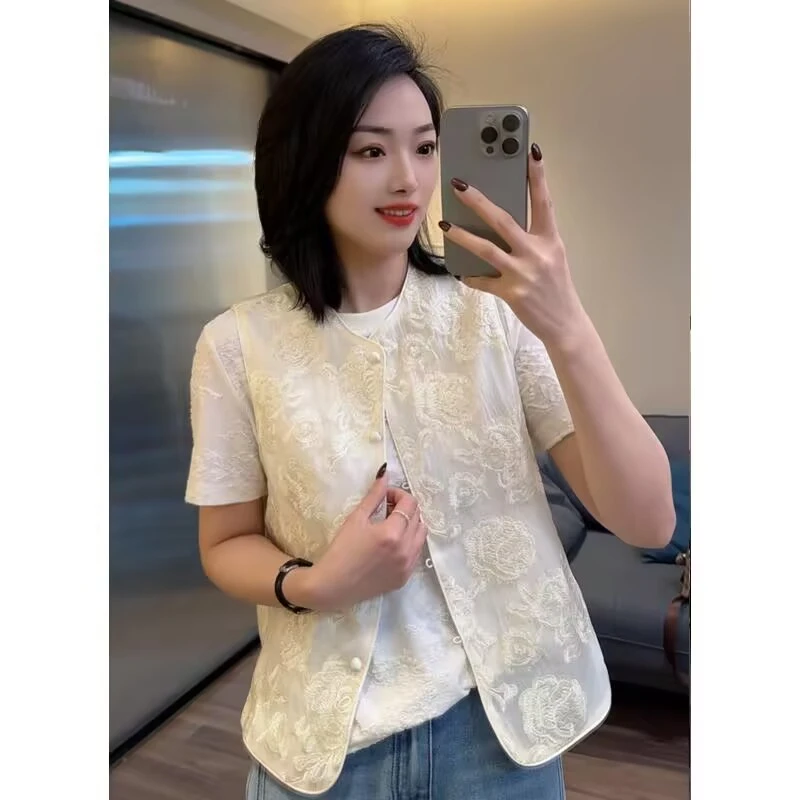 刺绣百搭新中式国风提花马甲夏季薄款重工绣花复古民族风女士马夹