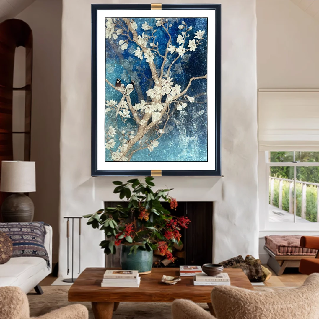 一尺缘[玉兰花鸟]现代轻奢高档钢化玻璃嵌贝装饰画客厅沙发挂画