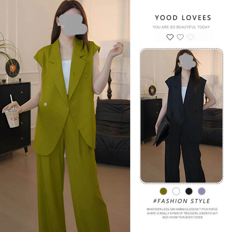 气场强大的多巴胺绿色外套马甲裤套装2025社会职场风两件套女夏季