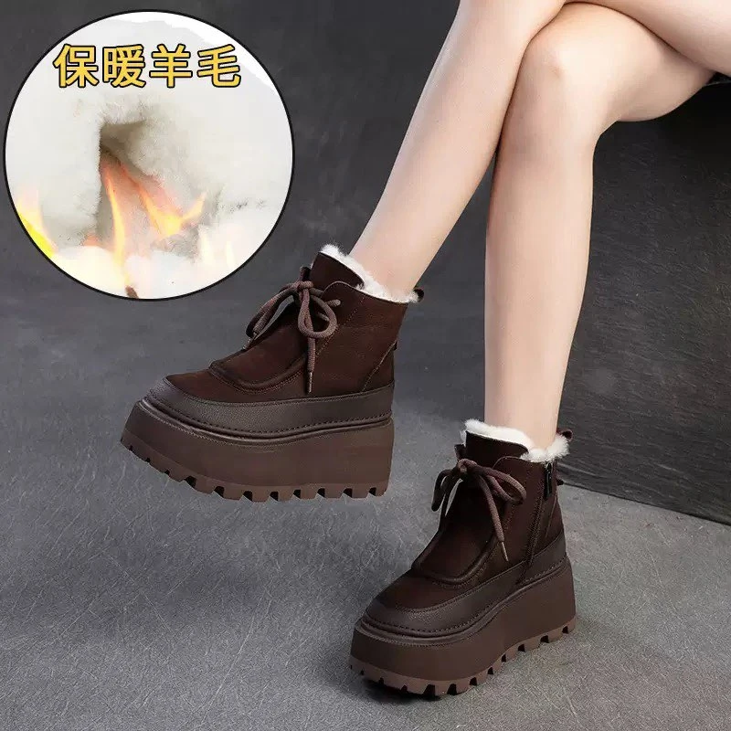 2025冬季款羊毛皮毛一体保暖棉靴厚底短靴复古休闲百搭真皮雪地靴